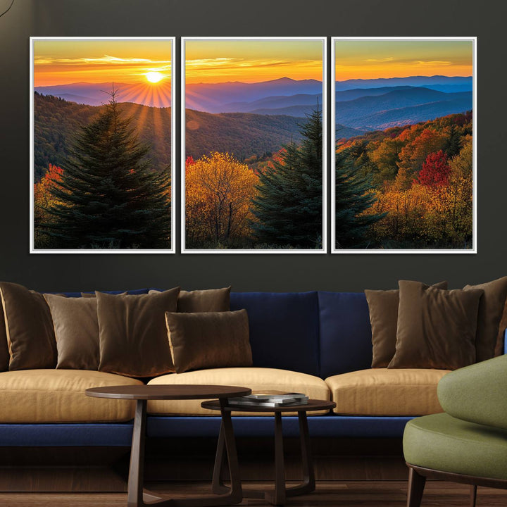 Golden Sunset Over Mountain Forest Canvas Wall Art Print - Warm Nature-Inspired Landscape for Living Room, Dining Room, or Office, Ready to Hang