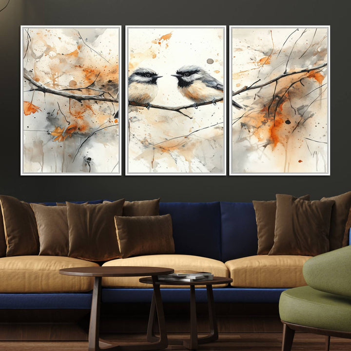 The living room features abstract watercolor chickadee bird art on the wall.