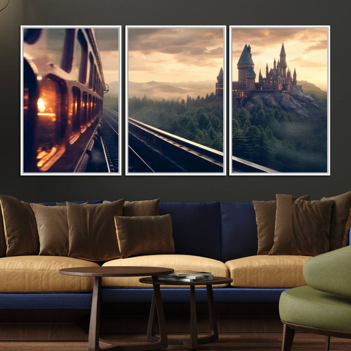 The "Harry Castle Wall Art Canvas Print," depicting a train and castle at sunrise, is elegantly featured with its gallery-quality finish in the modern living room.