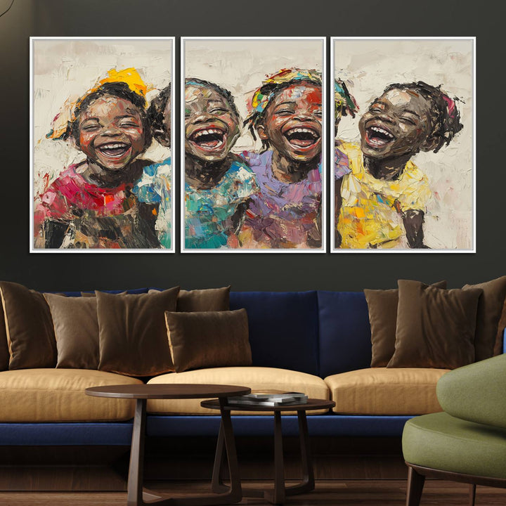 The Shai Yossef style "Joyful Childhood Canvas Wall Art" beautifully depicts an expressive impasto painting of three cheerful black children laughing, capturing the joyous essence of childhood.