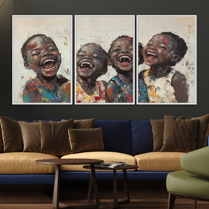 This Shai Yossef Print - Joyful Childhood Canvas Wall Art is an expressive impasto painting of laughing children. As framed abstract art for your living room, it adds a touch reminiscent of Shai Yossef's unique style to any living space.