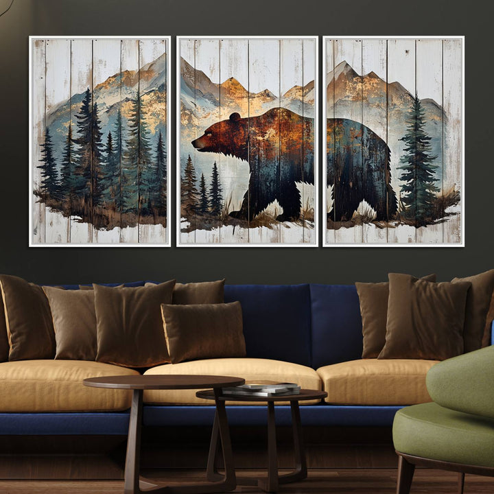 The living room features Rustic Grizzly 399 bear wall art, adding a cozy touch to the setup.