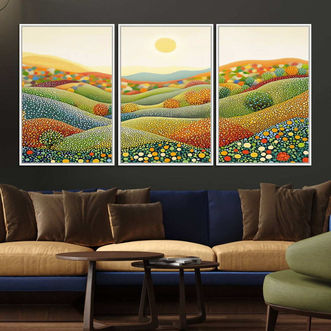 The YAYOI KUSAMA Colorful Dot Art Landscape Canvas, a framed abstract pointillism piece inspired by nature featuring vibrant rolling hills and a sun, adds gallery-quality elegance to your living space.