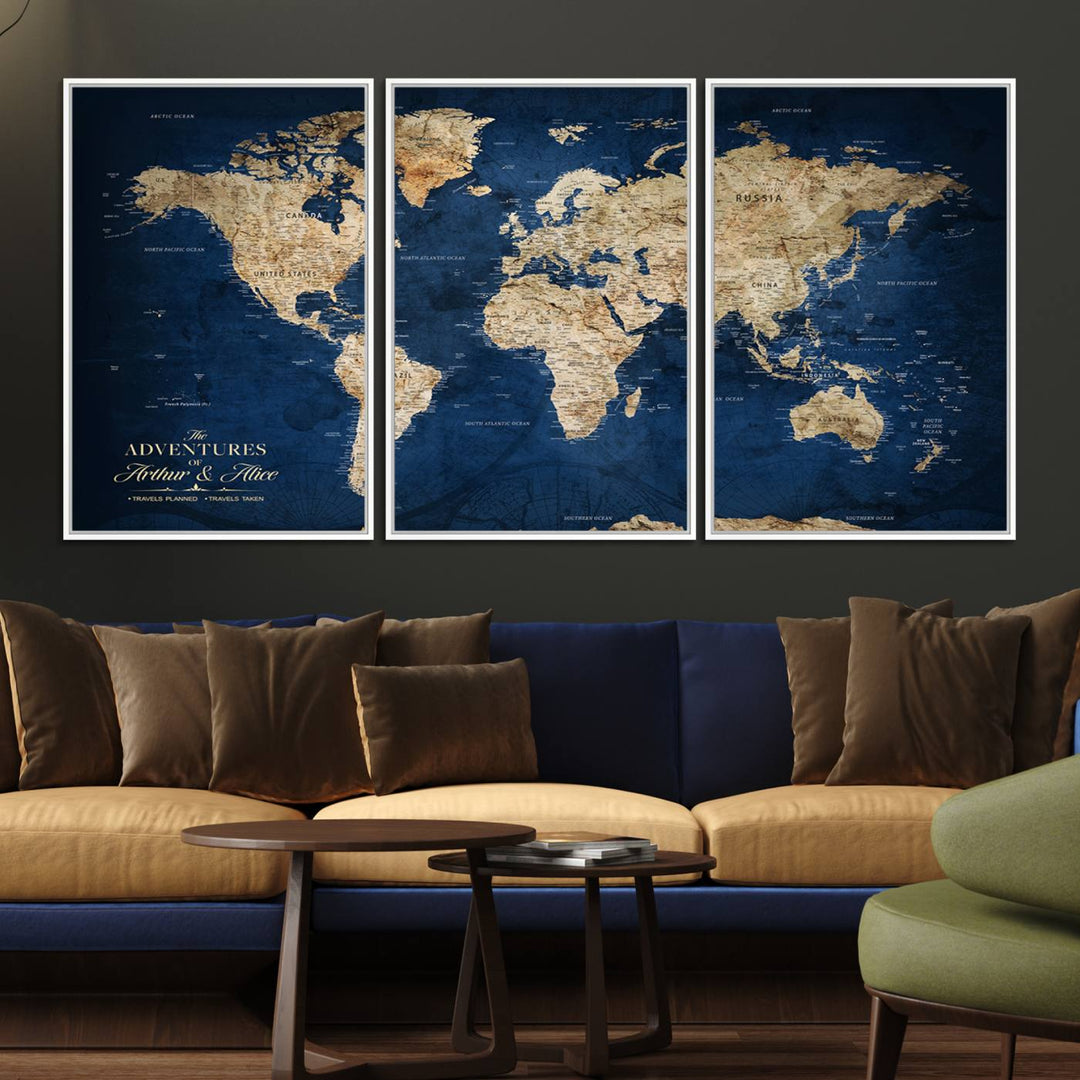 A Personalized Custom World Map Canvas Print on blue hangs prominently.