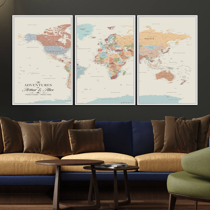 A large, colorful Custom World Map Canvas hangs on the light-colored wall.