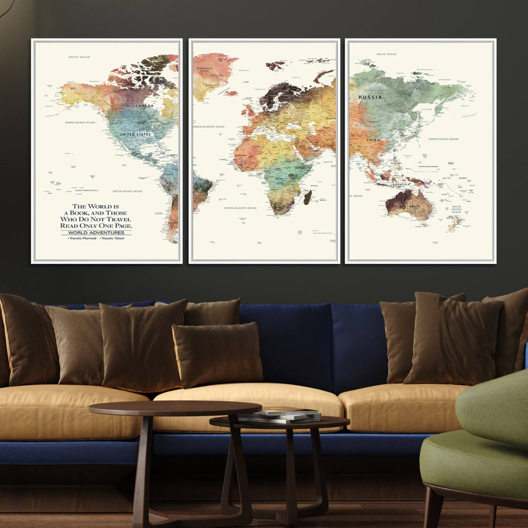 A colorful Personalized World Map Canvas Print, ideal as wall art for living room or office.