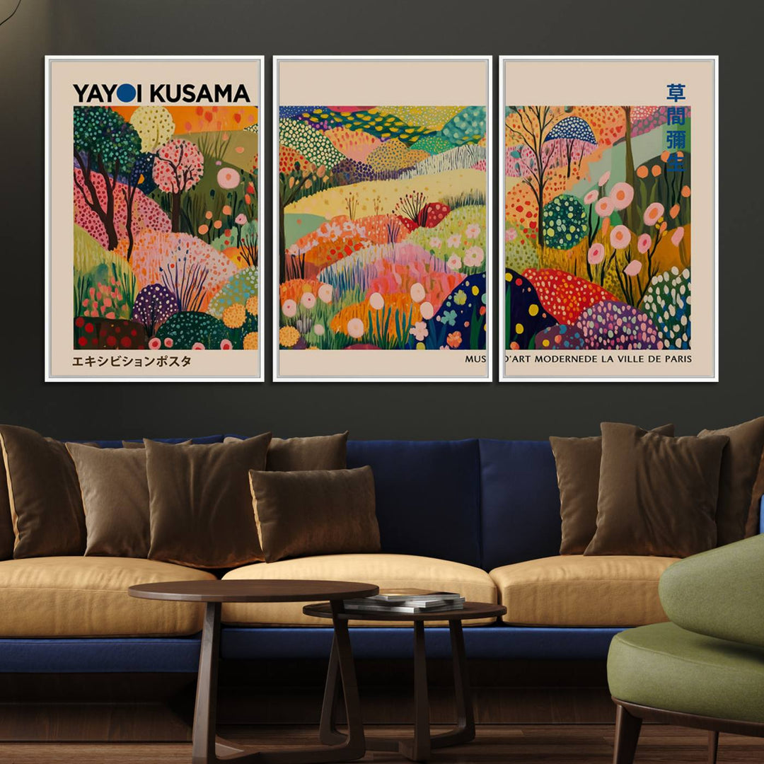 A Yayoi Kusama Wall Art Canvas Print featuring vibrant abstract floral patterns is displayed in a tranquil forest setting.