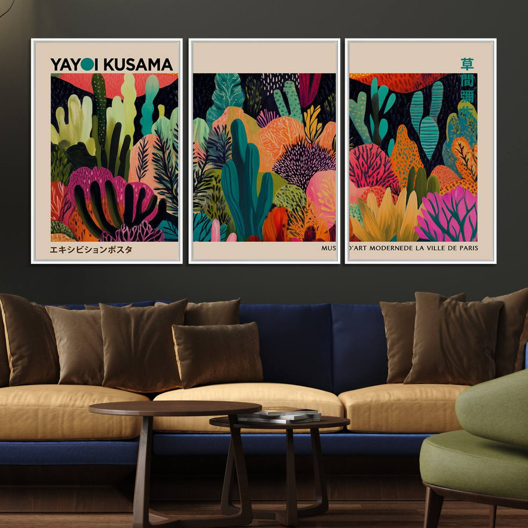 A vibrant Yayoi Kusama Wall Art Canvas Print showcases intricate abstract flora on a light background.