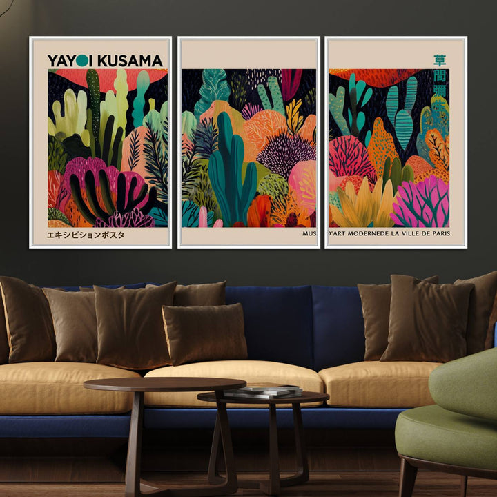 A vibrant Yayoi Kusama Wall Art Canvas Print showcases intricate abstract flora on a light background.