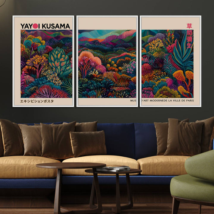 The Yayoi Kusama Wall Art Canvas Print features a vibrant and colorful landscape with abstract vegetation, perfectly capturing the essence of Japanese Wabi Sabi aesthetics.