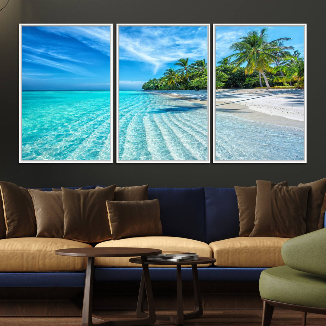 The Tropical Beach Wall Art Canvas Print features turquoise water and palm trees.