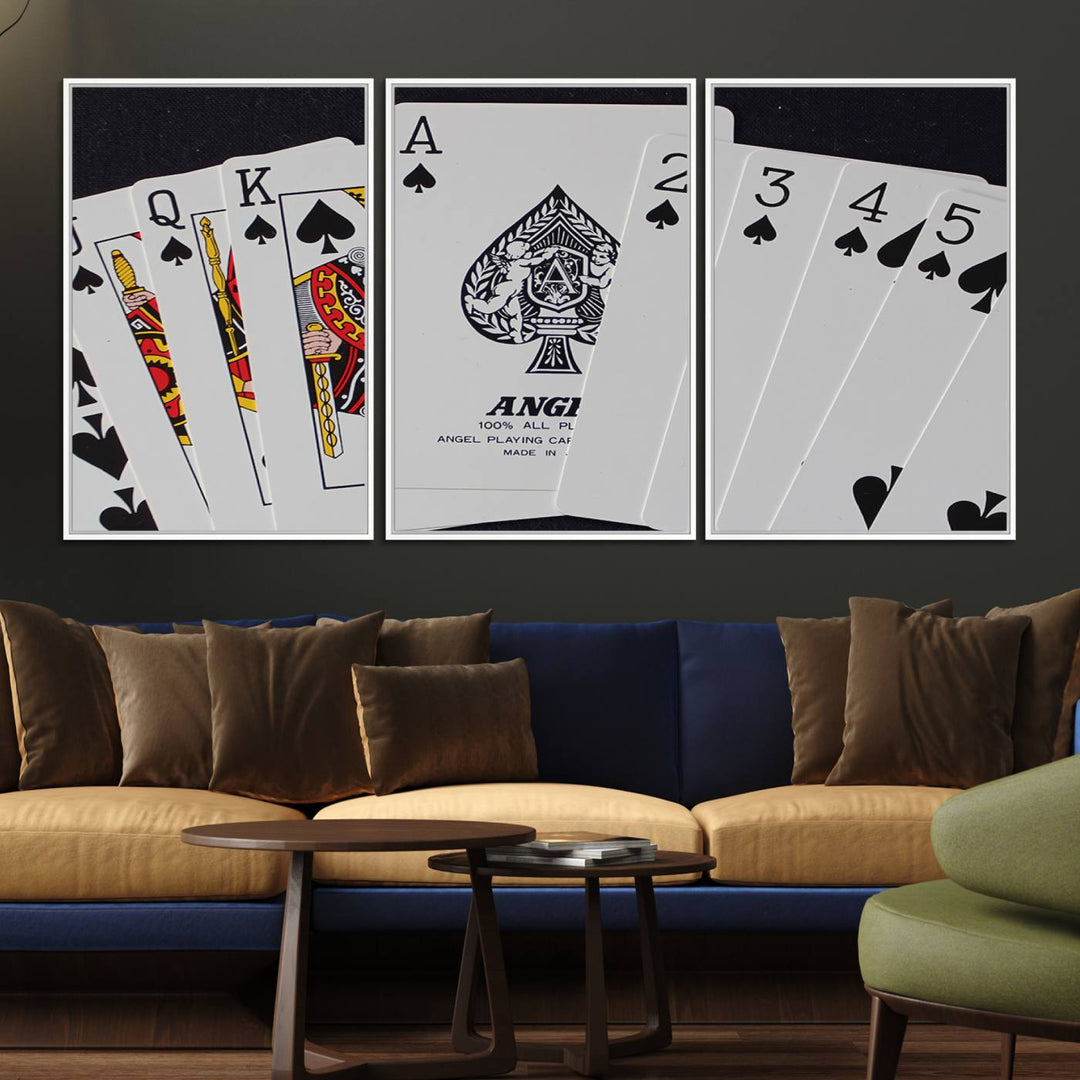 The Poker Wall Art - Playing Cards Canvas Wall Art Print features an Ace of Spades and Royal Flush design. This piece adds a classic charm to any space with its subtle emphasis on the Ace of Spades, making it perfect for game room decor.