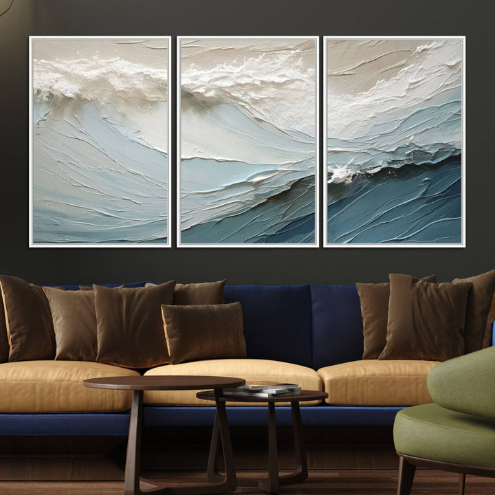 Waves Abstract Wall Art Print displayed on a porch with white siding.