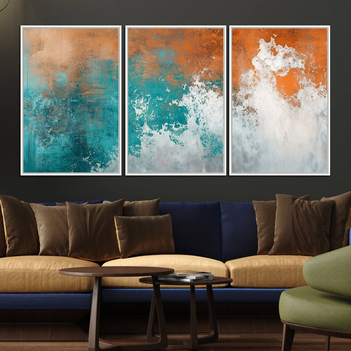 The Vintage Abstract Print - Bold Teal and Orange Canvas Wall Art is displayed on a porch.