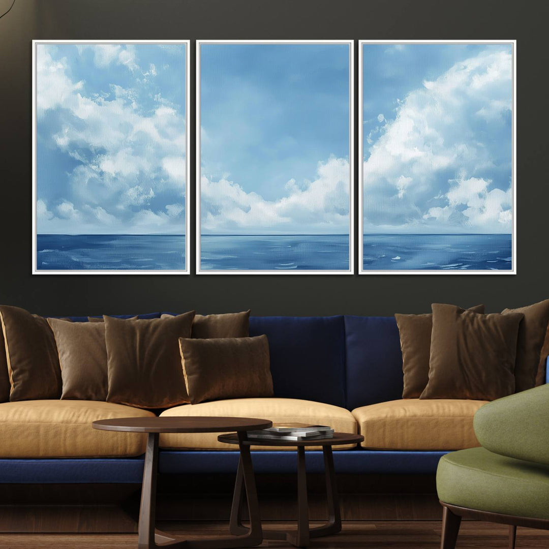 Abstract Ocean Print - Serene Blue Canvas displayed on a porch featuring minimalist decor.