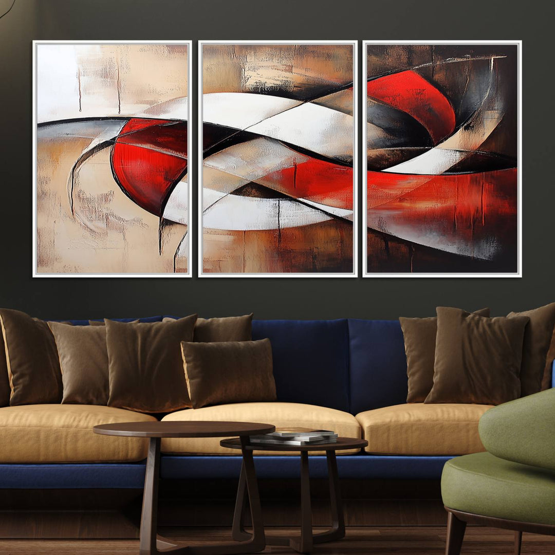 The Abstract Wall Art - Modern Red and White Canvas is displayed prominently in front of an entrance.