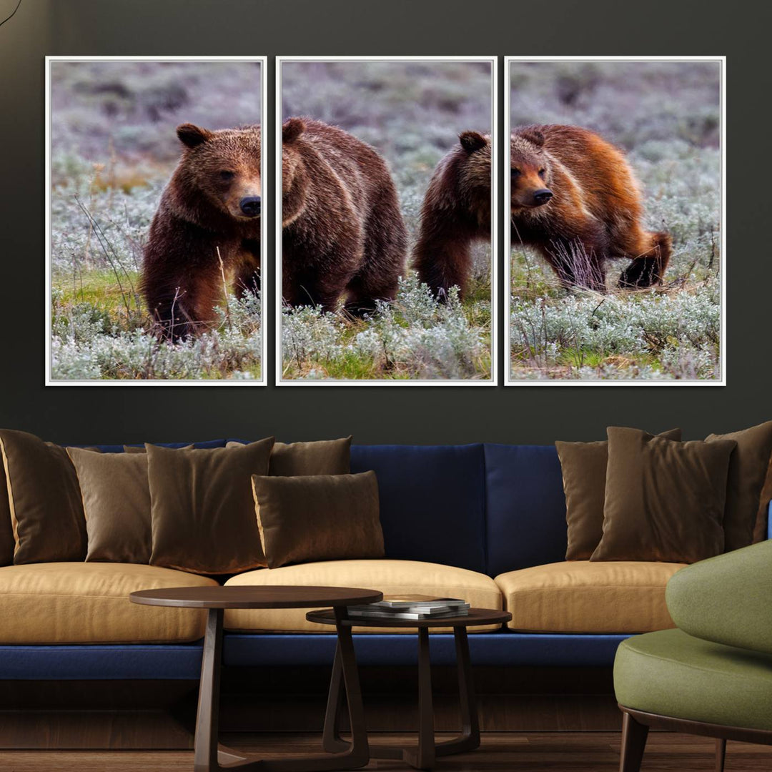 The "Grizzly 399 in Wild Flowers" wall art canvas print, showcasing grizzly bears amidst vibrant wildflowers, elegantly captures the enchanting essence of nature. This handmade piece from the USA brings striking beauty to any space.