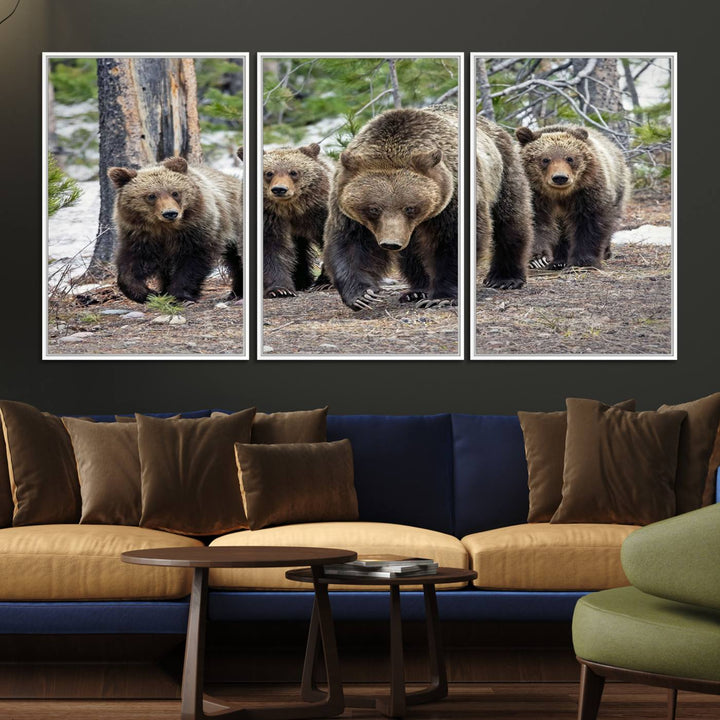 The Grizzly 399 and Cubs in Wild Flowers Wall Art Canvas Print, depicting grizzly bears amidst wildflowers, is elegantly displayed.