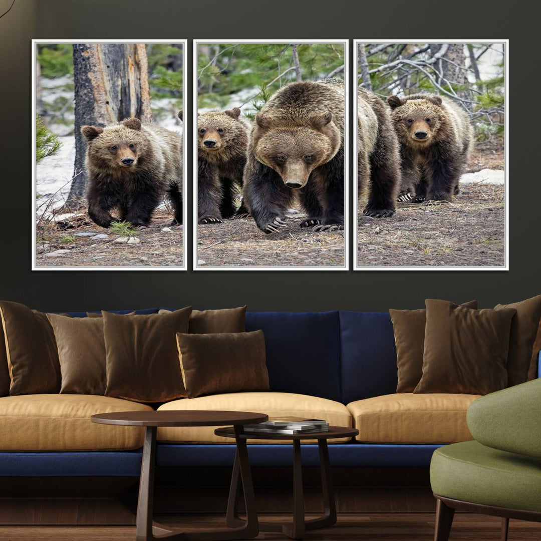 The wall art, a breathtaking canvas print titled "Queen of the Tetons," features 399 Grizzly Bear Cubs majestically captured in a forest setting. It is printed on premium canvas and handmade in the USA.