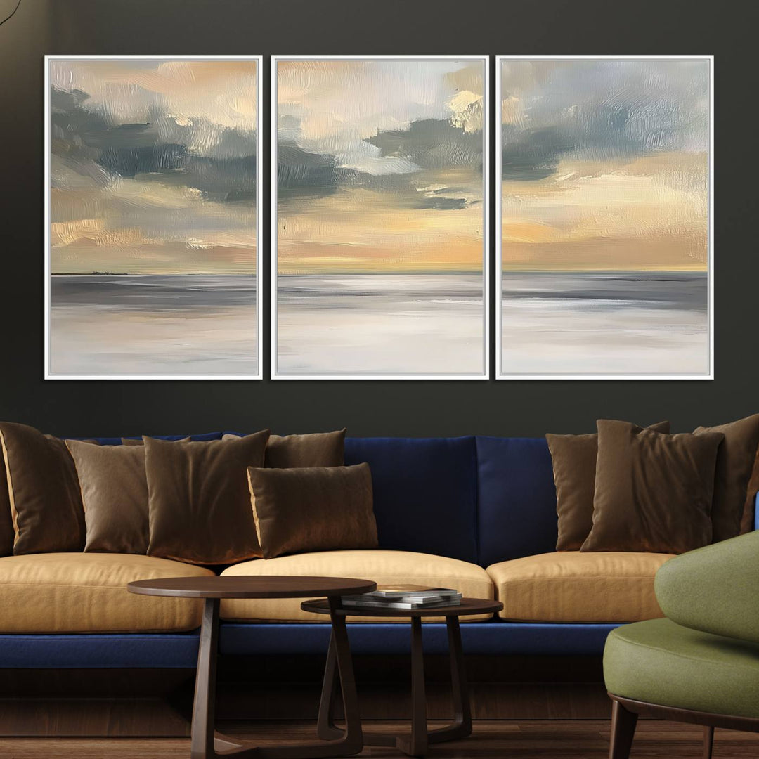 The Modern Coastal Wall Art Canvas Print features vibrant abstract ocean waves and clouds.