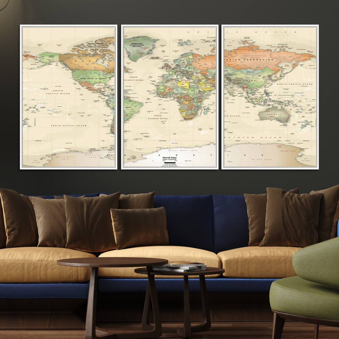 The Large Push Pin World Map Wall Art Canvas Print, with a gallery-quality finish, is carefully crafted on premium canvas and handmade in the USA. This piece adds a touch of elegance to any space.