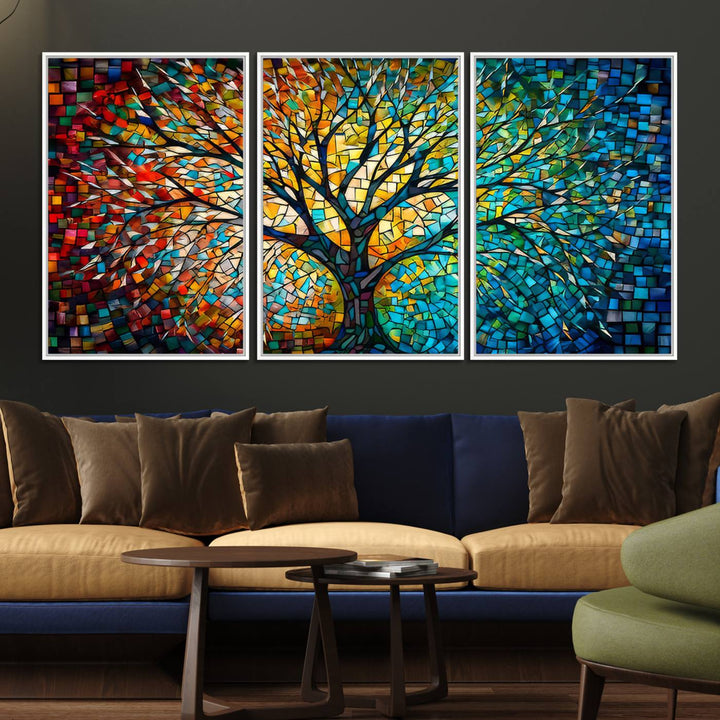 Explore the Yggdrasil Tree of Life Wall Art Print, a 3-panel canvas print made in the USA, featuring a vibrant multicolor mosaic design.