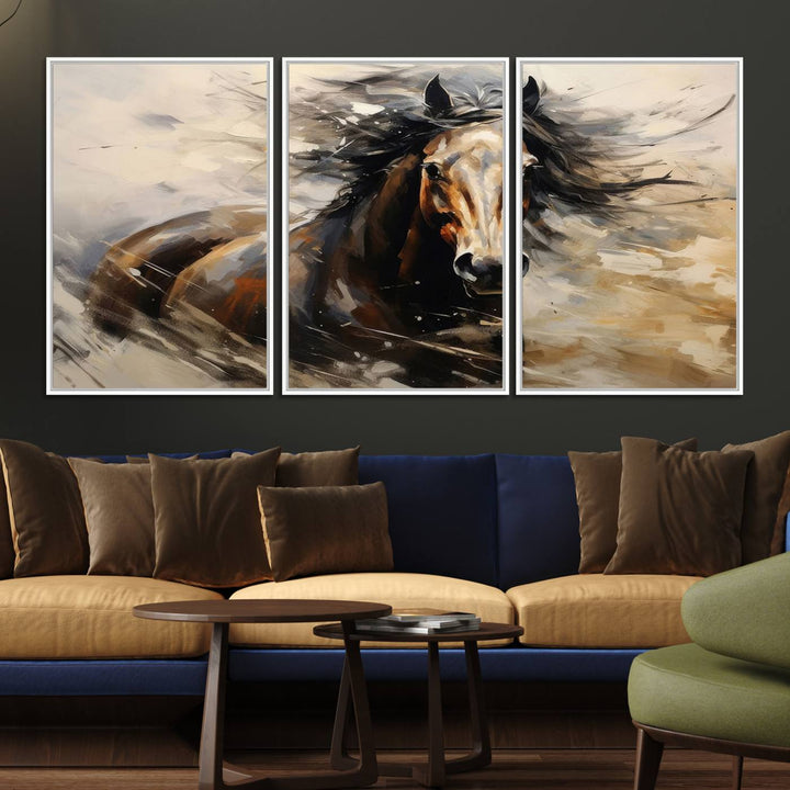 The Abstract Wall Art Horse Print adds rustic charm.