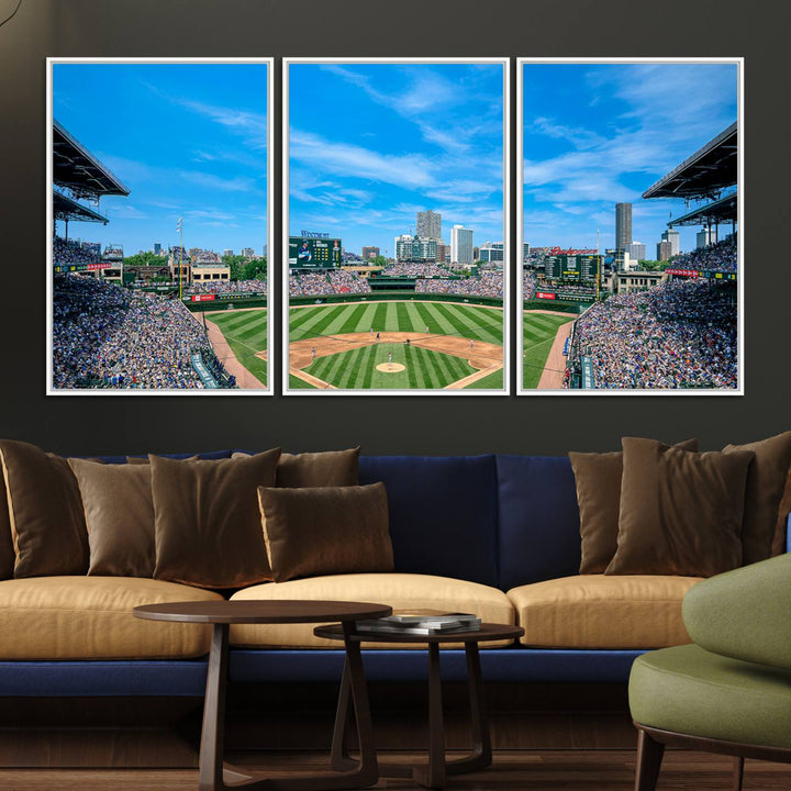 The Wrigley Field Chicago Cubs canvas art, depicting the iconic stadium, is perfect for sports lovers.