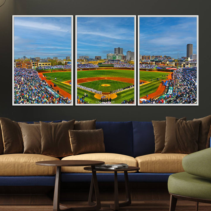 The Wrigley Field Cubs Panoramic Canvas Art hangs prominently in the modern living room.