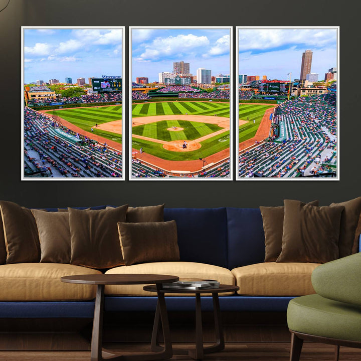 A 3-piece panoramic canvas wall art showcases an aerial view of a packed Chicago Cubs game at Wrigley Field, perfect for sports lovers.