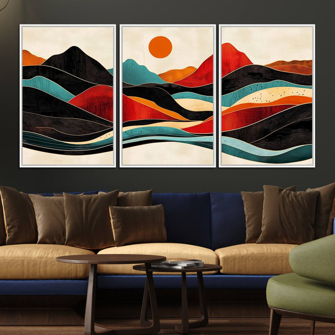 The Colorful Western Triptych Canvas features a vibrant mountain and sun design, making it perfect for modern kitchens or log cabin walls.