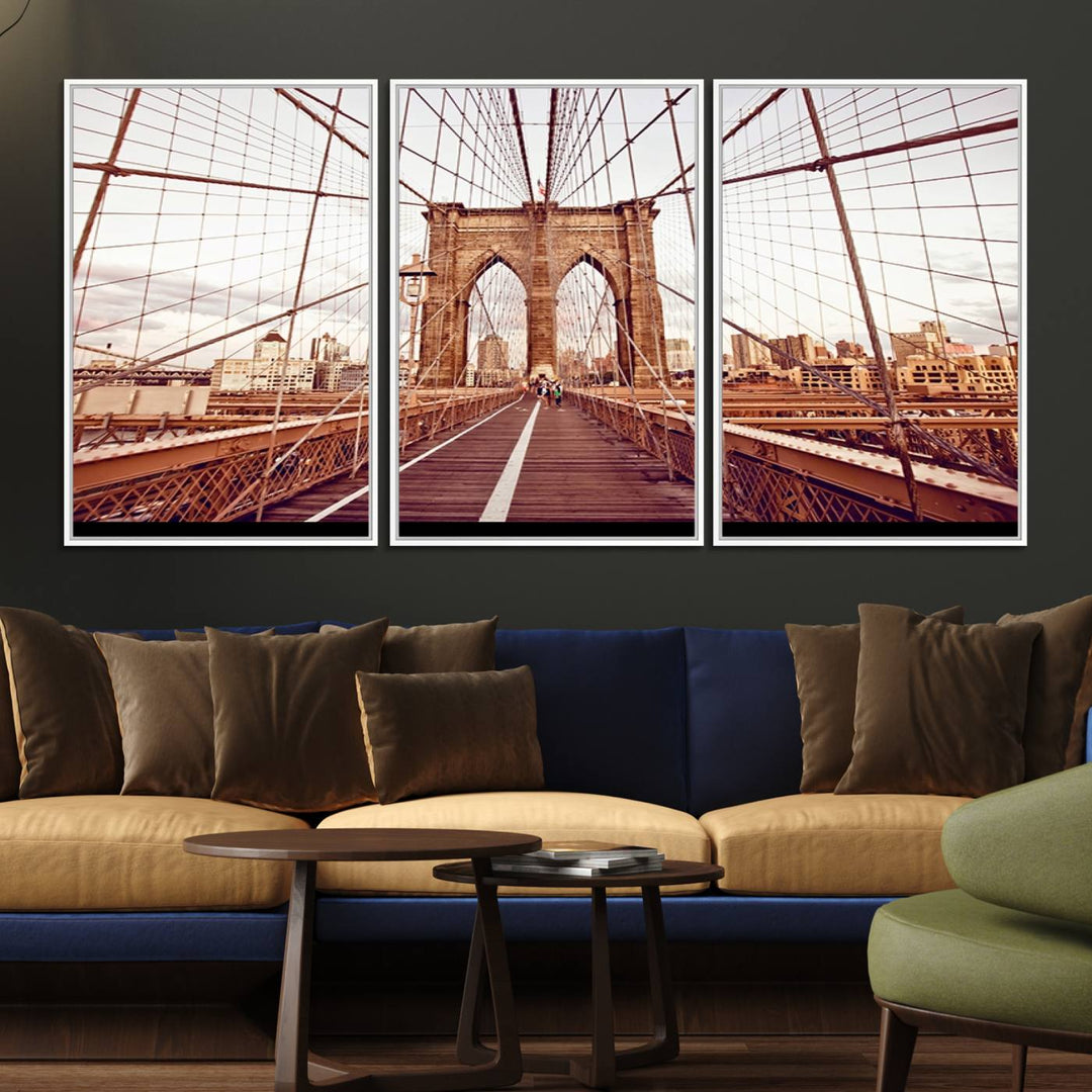 The three-panel "Wall Art New York Manhattan Cityscape Canvas Print" of the Brooklyn Bridge makes an ideal addition to minimalist interiors, capturing the essence of abstract expressionism.