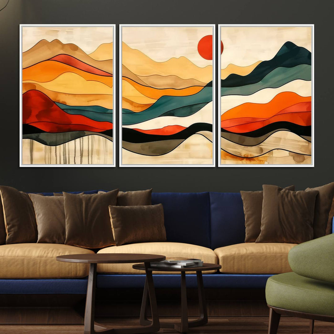 Abstract Mountain Wall Art Triptych with a Red Sun, ideal for a Mid-Century style space.