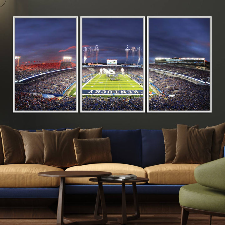 A filled stadium at dusk and fireworks overhead are beautifully captured in the Kroger Field Canvas Wall Art - Sunset Football Stadium Decor.