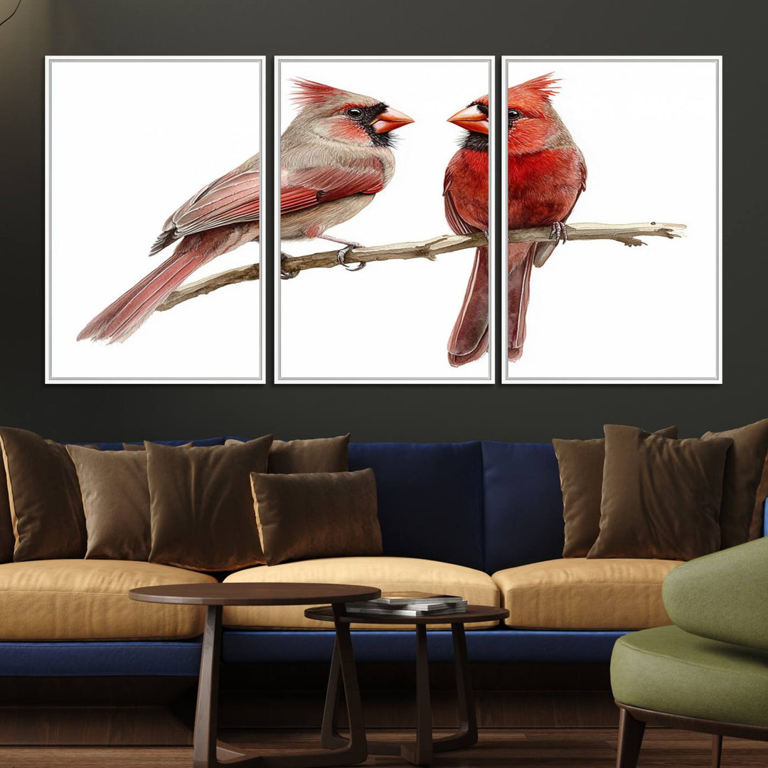 The Cardinal Bird Canvas Wall Art showcases two cardinals on a branch.