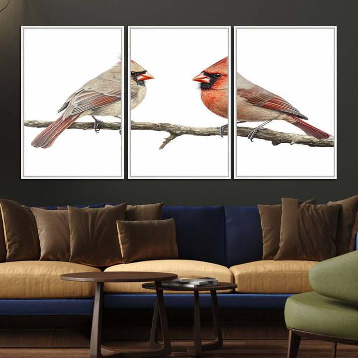 A Cardinal Canvas Wall Art print of cardinals on a branch hangs prominently.