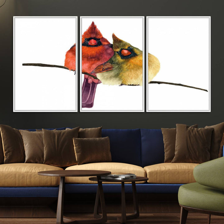 The Cardinal Bird Canvas Wall Art showcases vibrant male and female cardinals, capturing the beauty of nature in vivid detail.