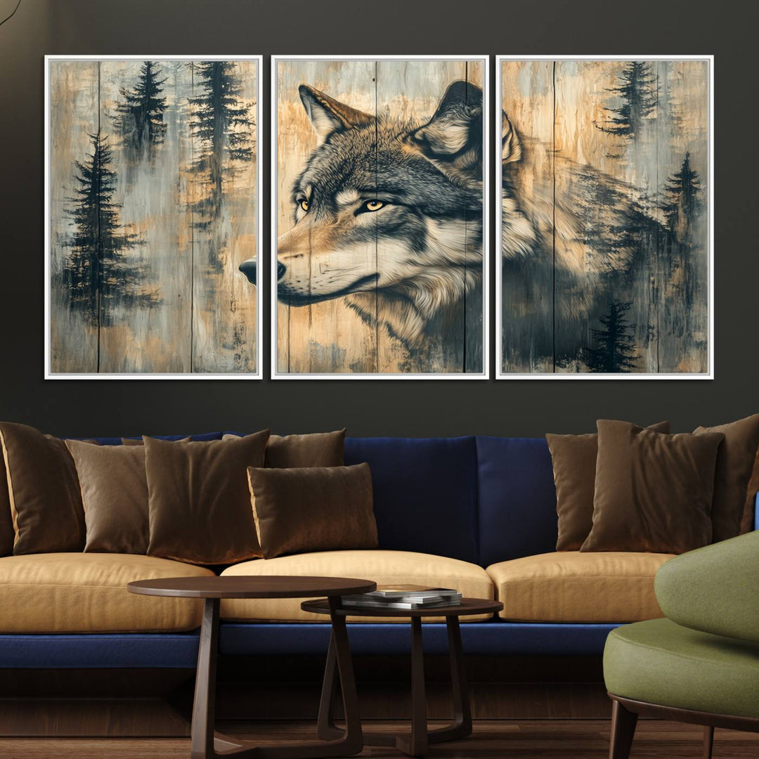 A Wood Style Rustic Wolf Wall Art Canvas Print adorns the kitchen.