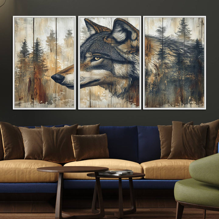 A kitchen dining area features Rustic Wolf Wall Art.