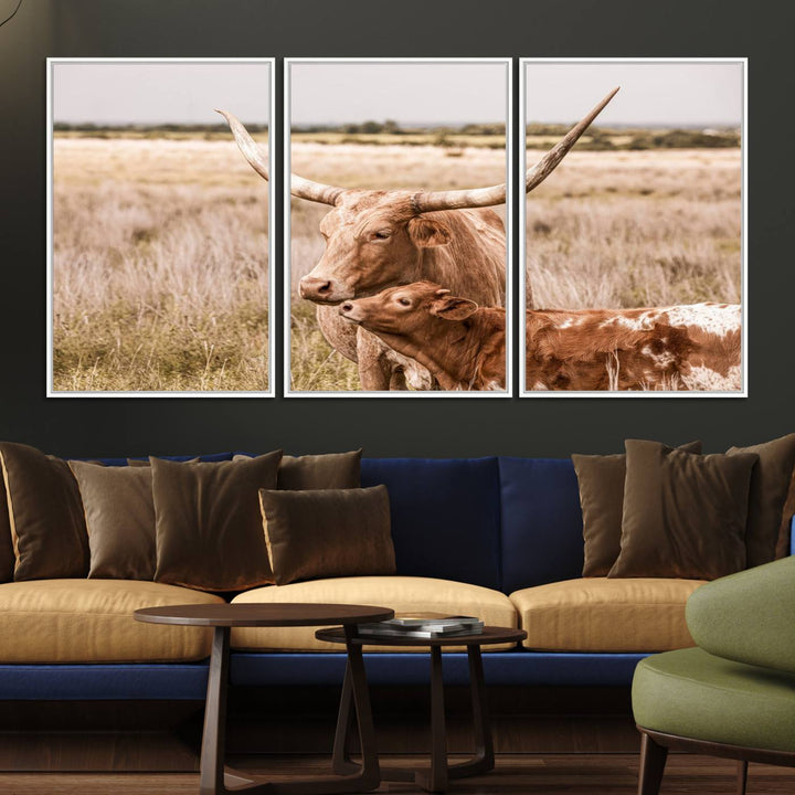 Dining area featuring a Texas Longhorn Cow Wall Art Canvas Print.