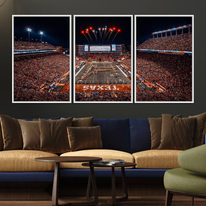 A Texas Memorial Stadium canvas print with fireworks embellishes the modern living room.