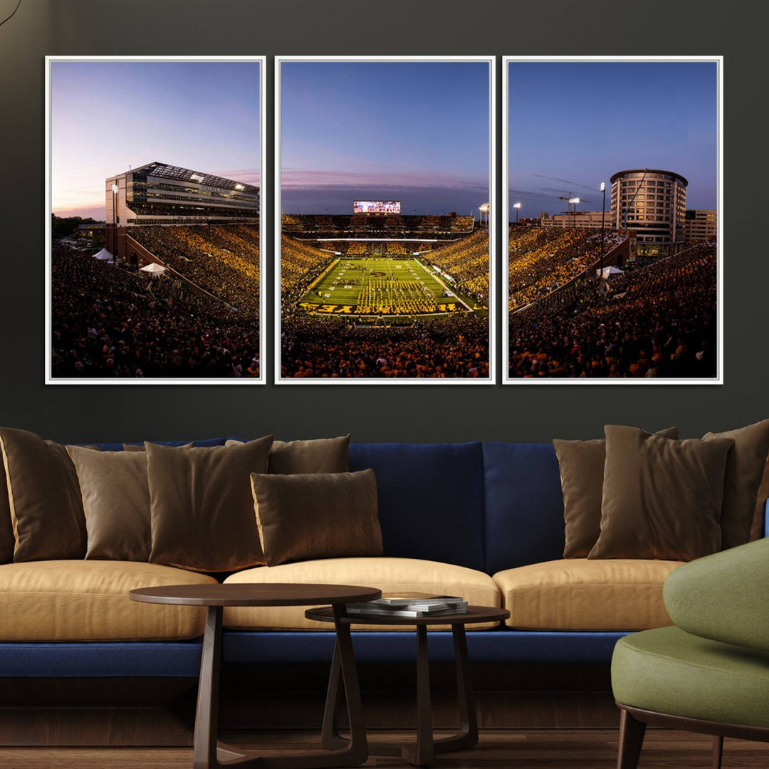 The Iowa Hawkeyes Kinnick Stadium Wall Art Canvas Print captures a sunset scene, making it perfect for display on a wall.