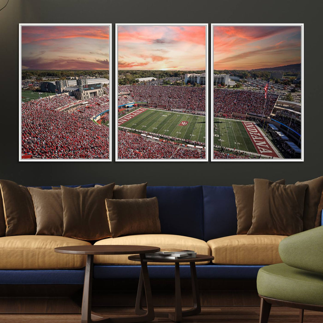 Gallery-quality Indiana Memorial Stadium Wall Art Canvas: A stunning view of the stadium at sunset.