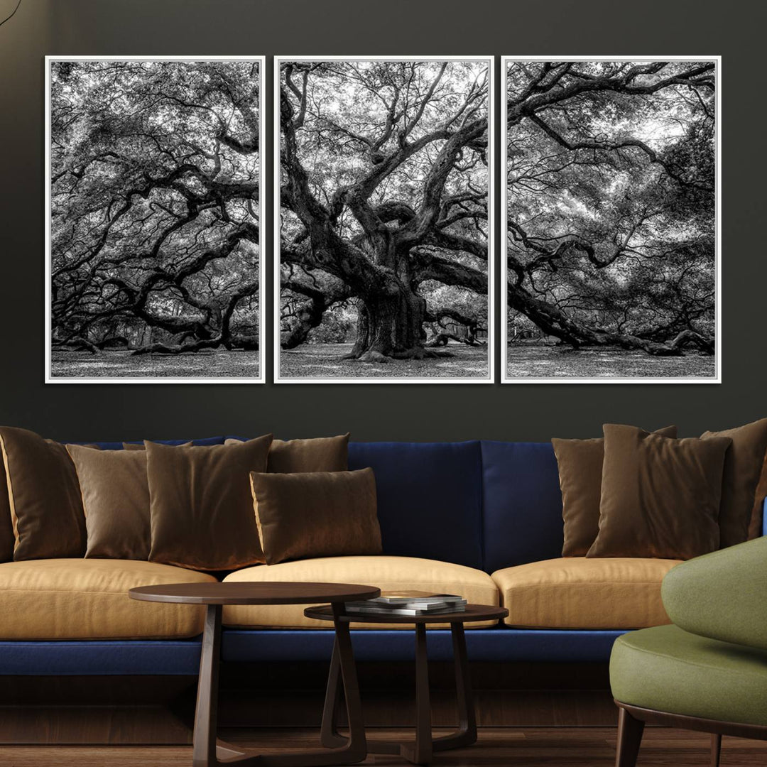 The Black and White Old Angel Oak Tree Canvas Print enhances the modern dining room.