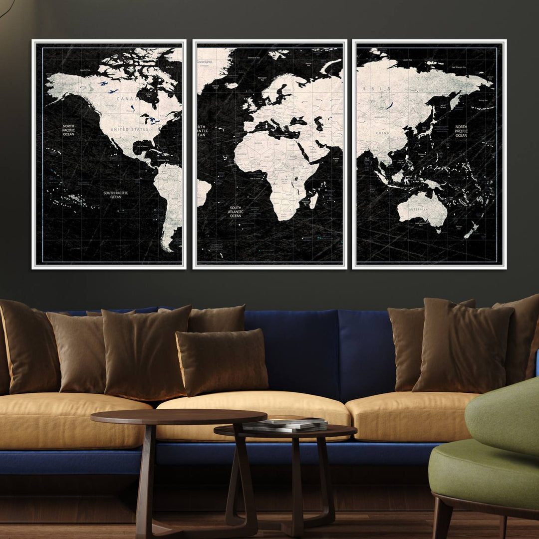 The Black & White World Map Canvas Wall Art, a giclee print, elegantly decorates the wall.