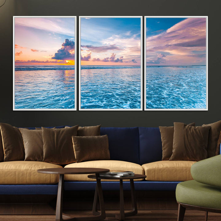 An Ocean Sunset Canvas Wall Art depicting a vibrant sky and rolling waves.