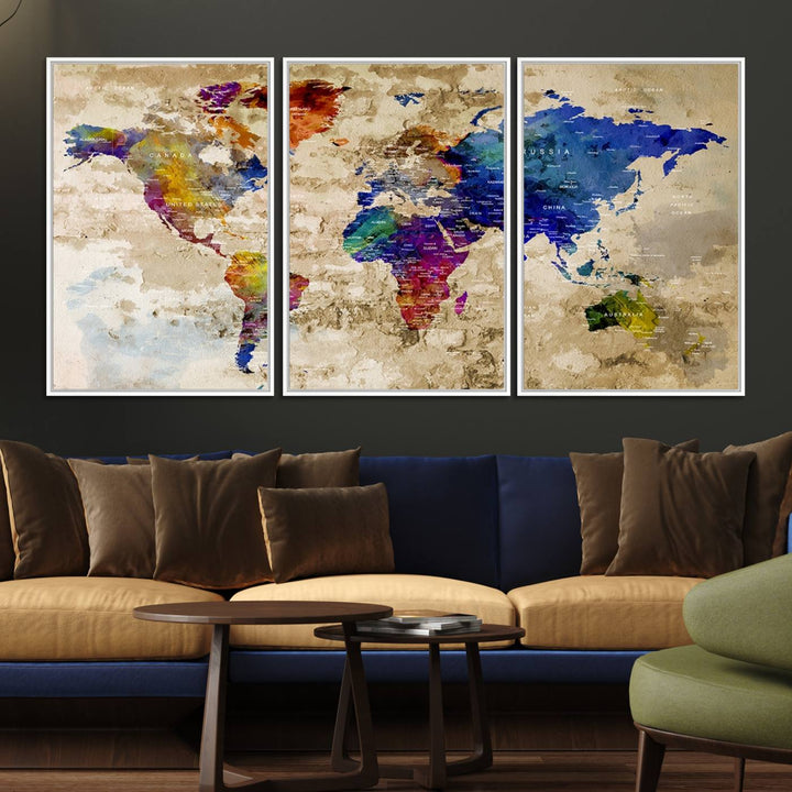 Watercolor World Map Canvas Print with gallery-wrapped edges.