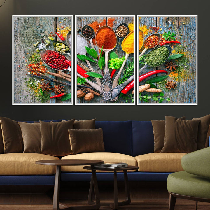 Vibrant Spoonful of Spices kitchen wall art canvas, a culinary triptych ideal for any dining room decor.