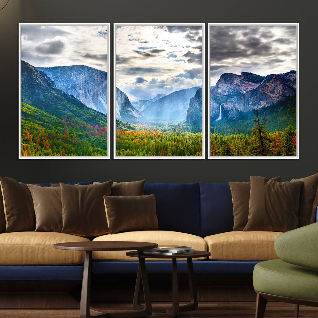 The Yosemite Park Half Dome 3 Panel Canvas Print beautifully captures the enchanting beauty of national parks with its vibrant mountain and forest scene. This large giclée landscape wall art is perfect for living rooms, offices, or bedrooms and comes ready to hang.