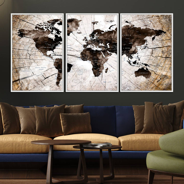 A Vintage World Map on Wood Style Canvas hangs prominently.